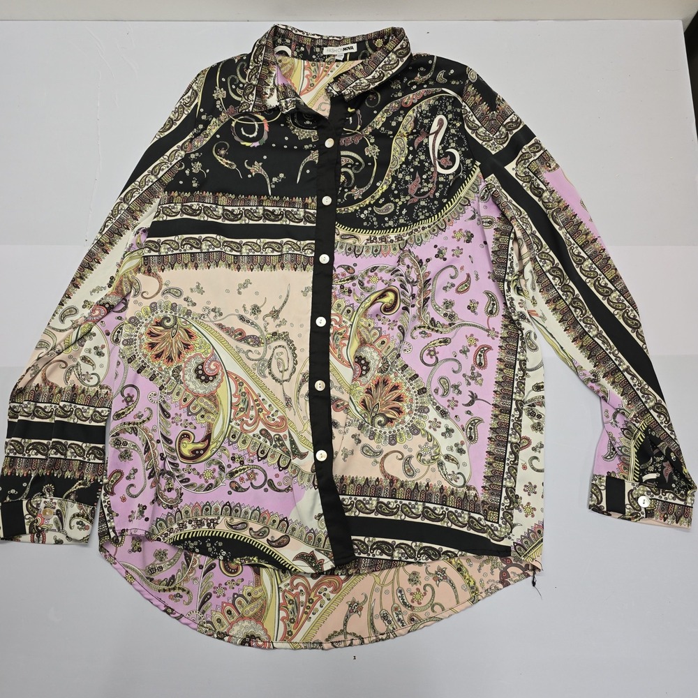 Fashion Nova Womens Large Paisley Scarf Print Button Down Shirt Pink Black Multi